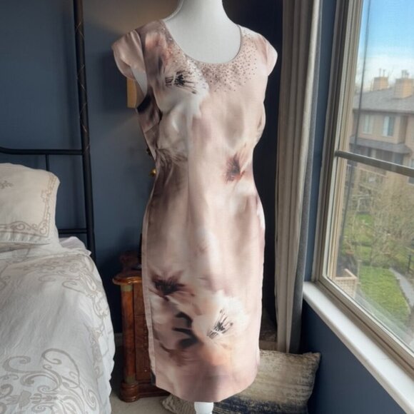 Jacques Vert Beige Brown Shimmer Floral Cocktail Dress - Picture 3 of 12